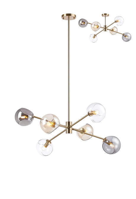 Peters 85cm Round Fixed Multi Height Pendant/Semi Flush With Double Cut Glass, 6 x E14, Antique Gold/Cognac/Clear/Smoke