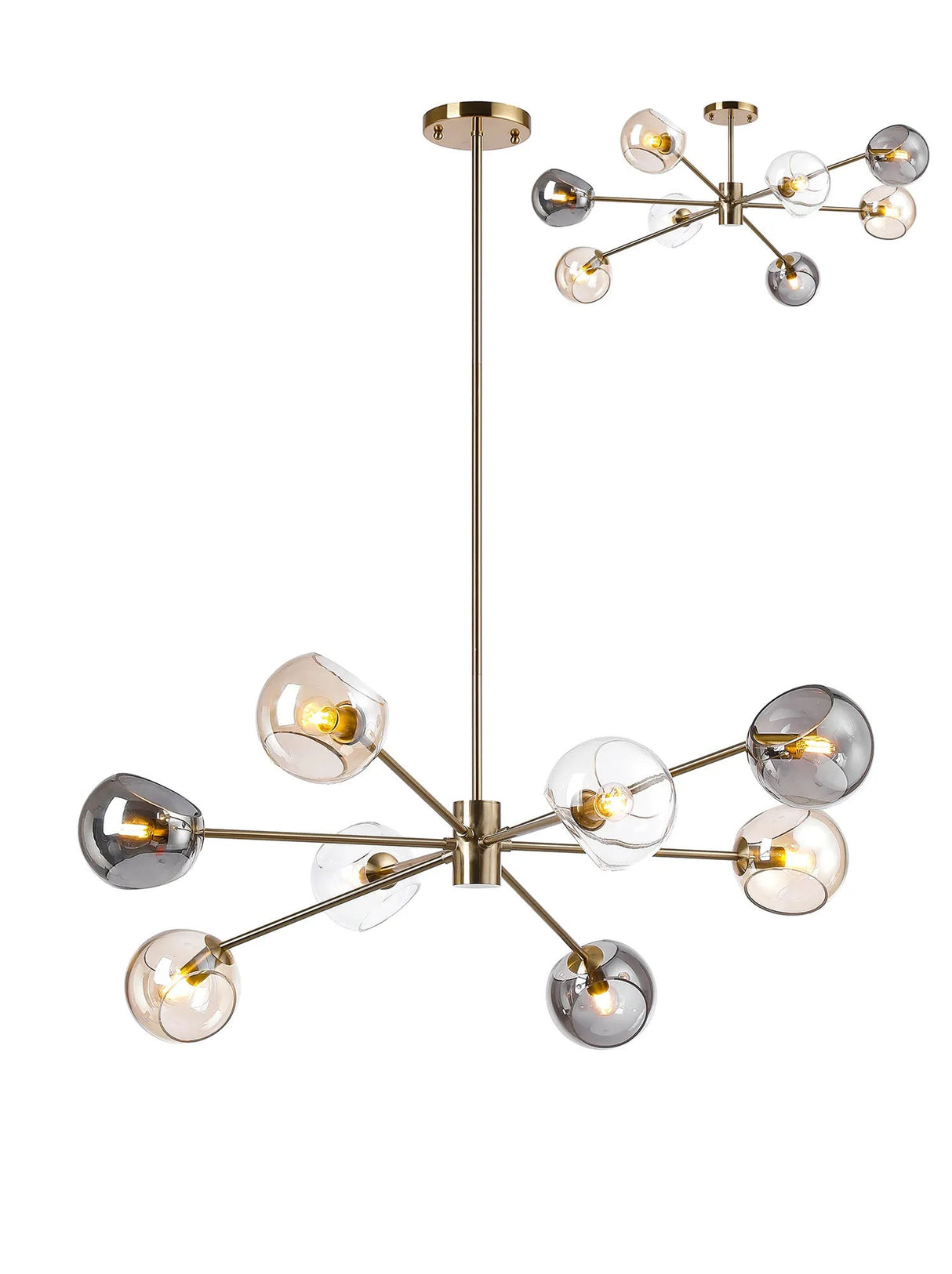 Peters 100cm Round Fixed Multi Height Pendant/Semi Flush With Double Cut Glass, 8 x E14, Antique Gold/Cognac/Clear/Smoke