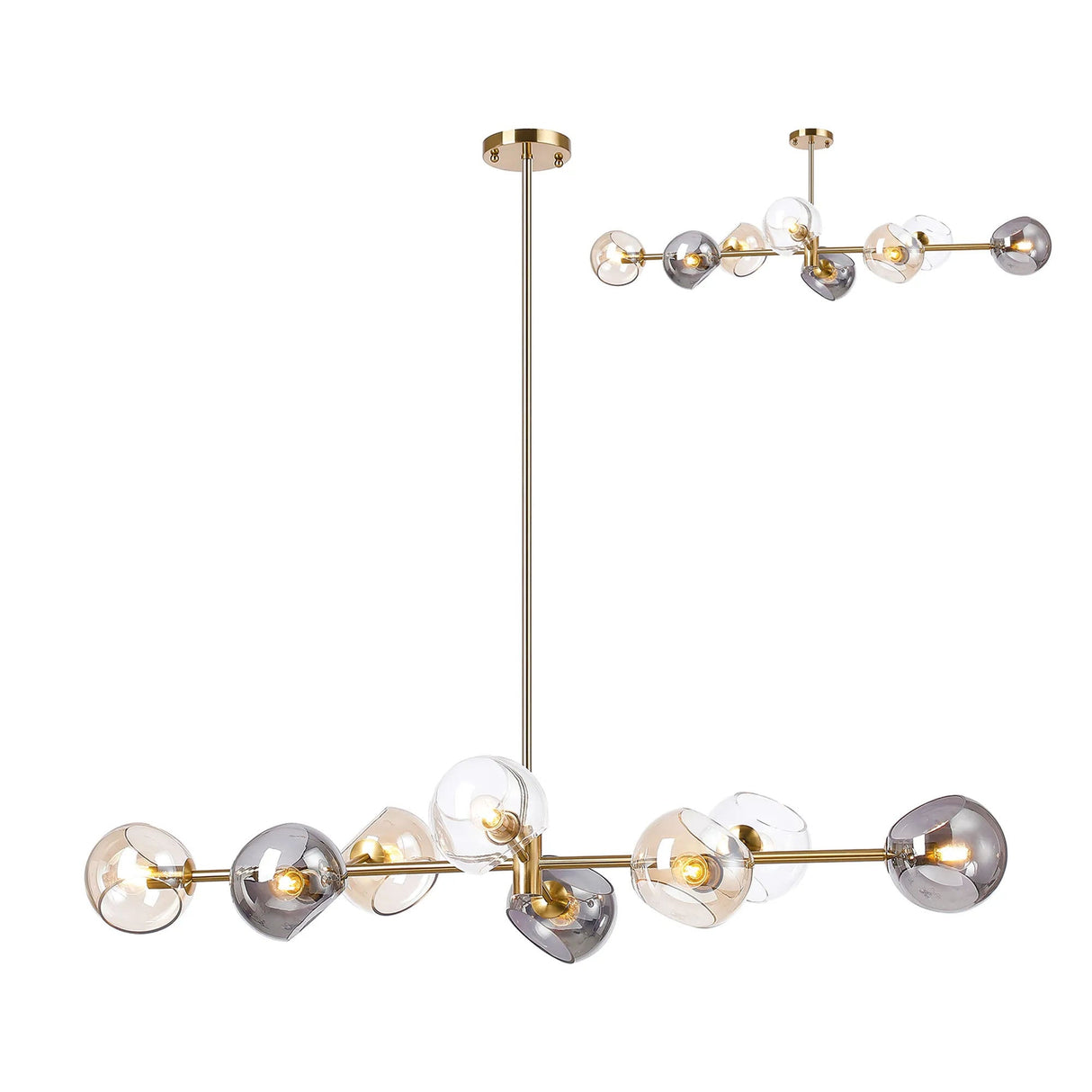 Peters Linear Fixed Multi Height Pendant/Semi Flush With Double Cut Glass, 8 x E14, Antique Gold/Cognac/Clear/Smoke