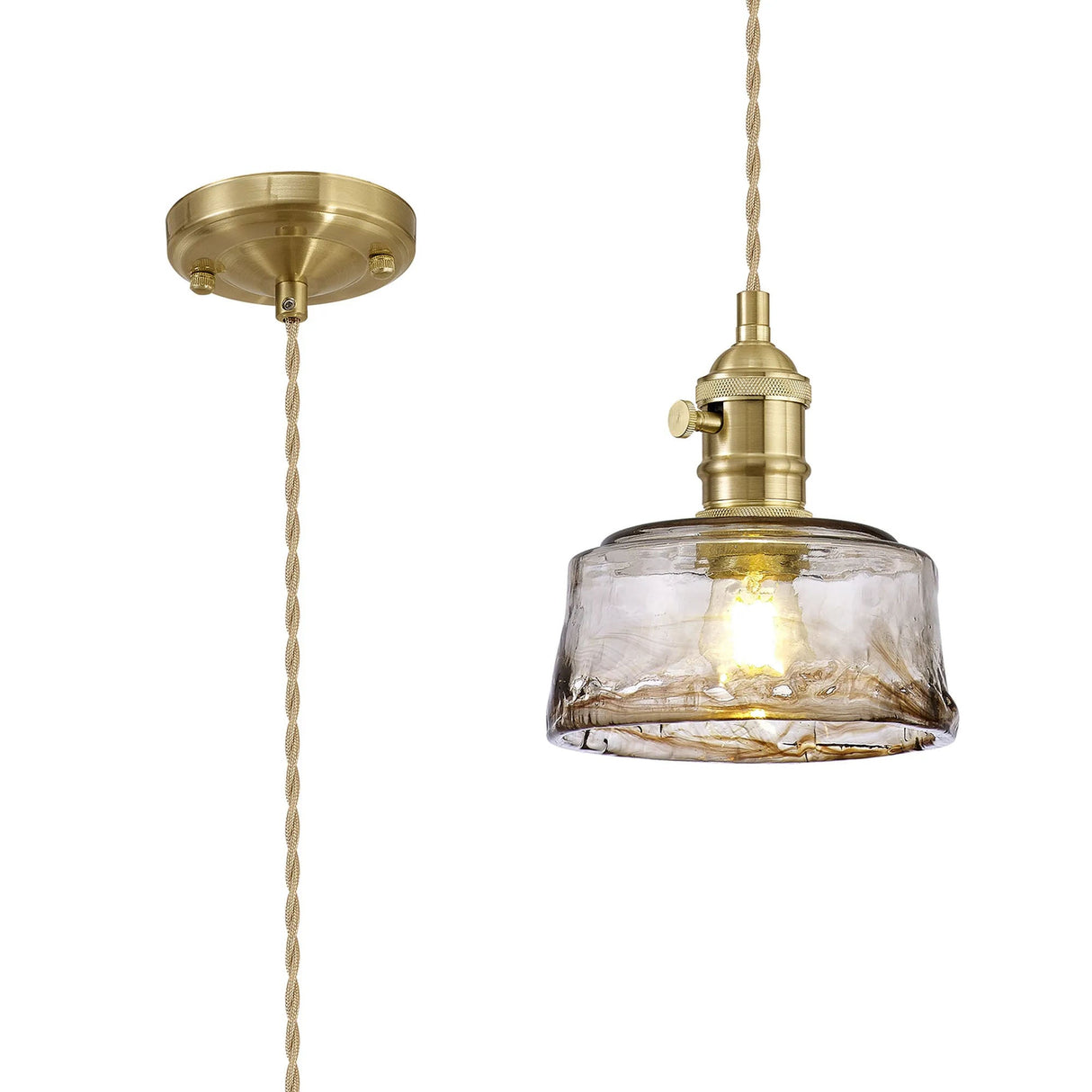 Rae Switched Pendant 1.5m, 1 x E27, Brass/Pale Gold Twisted Cable/Brown Bowl Glass