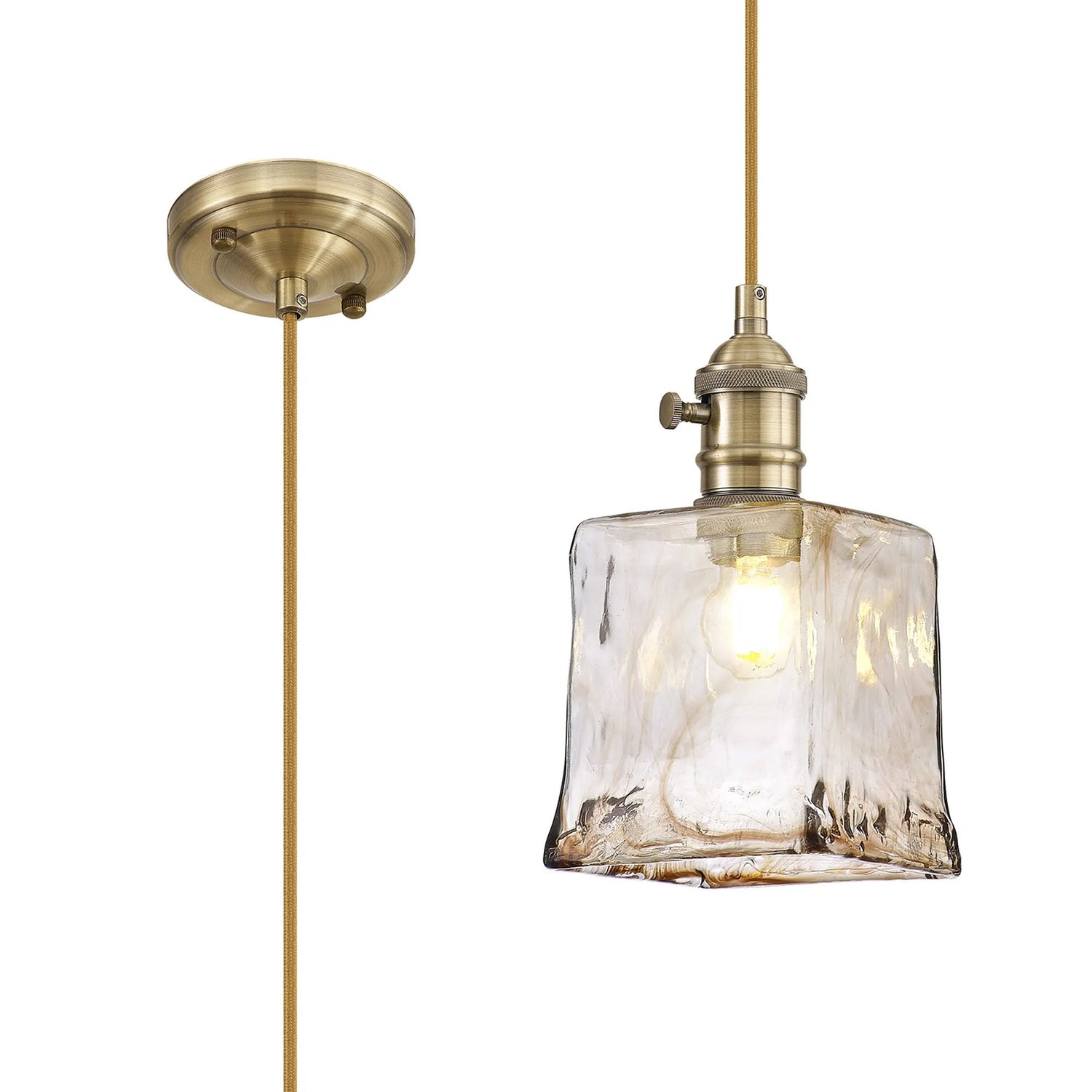 Rae Switched Pendant 1.5m, 1 x E27, Antique Brass/Brown Square Glass