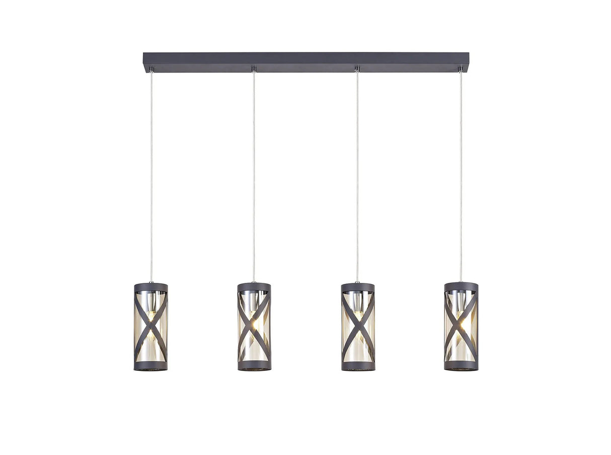 Ritchie 4 Light Bar Linear Pendant E14, Matt Grey/Polished Chrome/Cognac