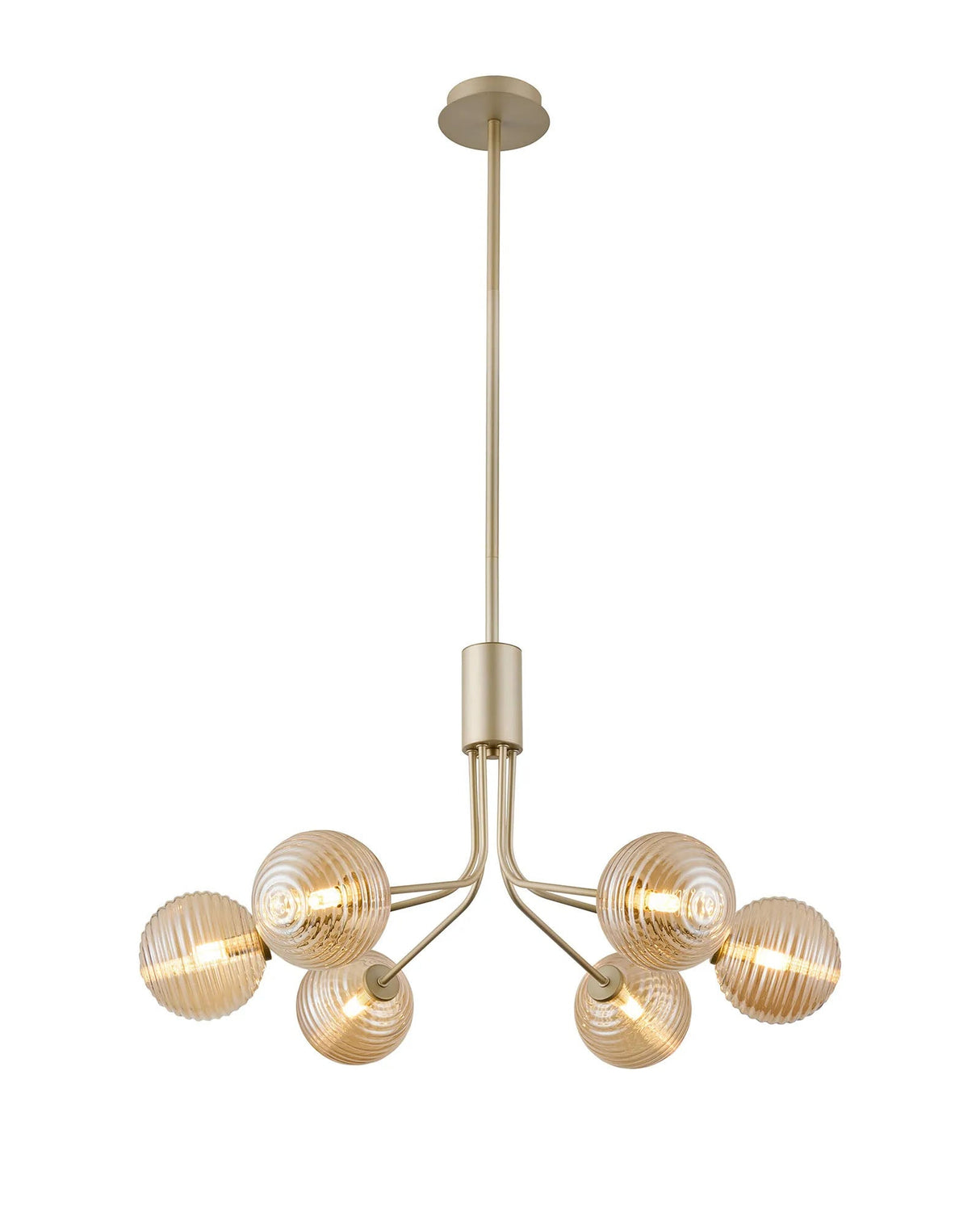 Rix Fixed Pendant, 6 Light G9, Light Painted Beige/Amber Ribbed Round Glass Shade