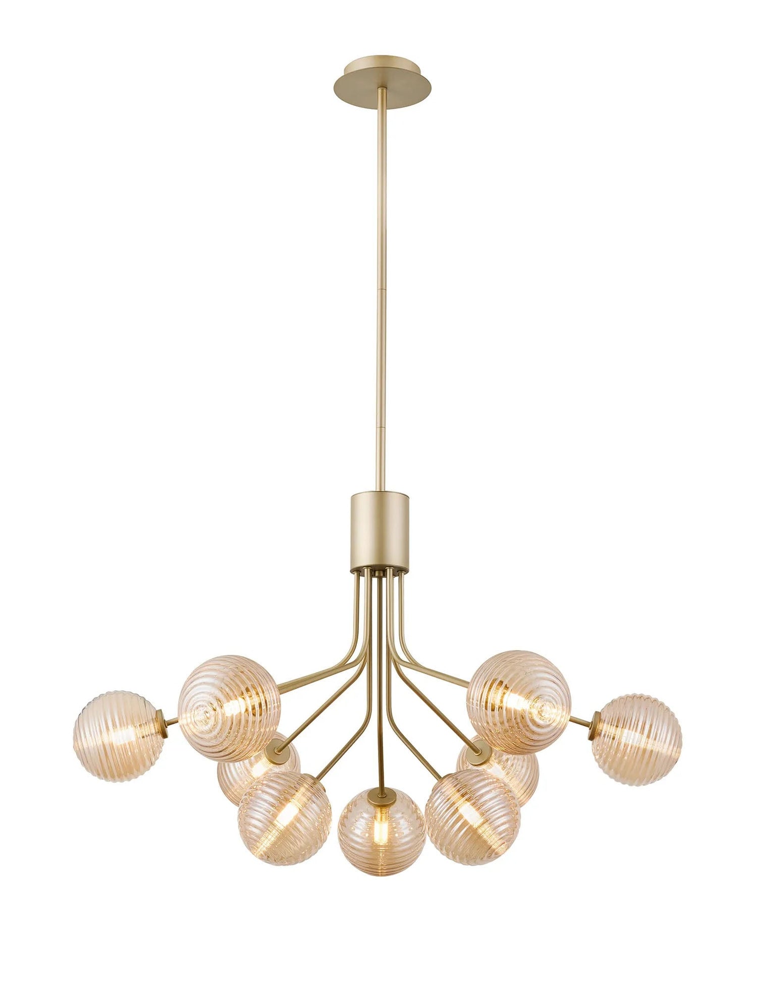 Rix Fixed Pendant, 6 + 3 Light G9, Light Painted Beige/Amber Ribbed Round Glass Shade