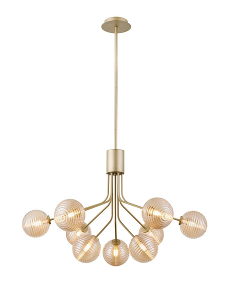 Rix Fixed Pendant, 6 + 3 Light G9, Light Painted Beige/Amber Ribbed Round Glass Shade