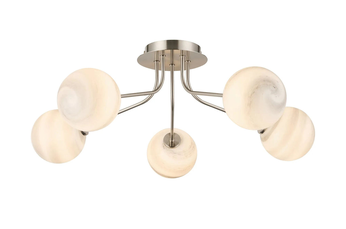 Rix Semi Flush Light, 5 Light G9, Satin Nickel/Grey Round Marble Effect Glass Shade