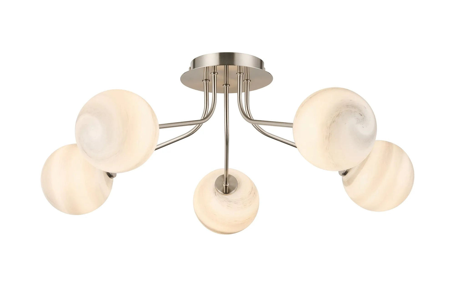 Rix Semi Flush Light, 5 Light G9, Satin Nickel/Grey Round Marble Effect Glass Shade