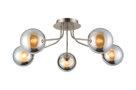 Rix Semi Flush Light, 5 Light G9, Satin Nickel/Chrome Round With Inner Glass Shade