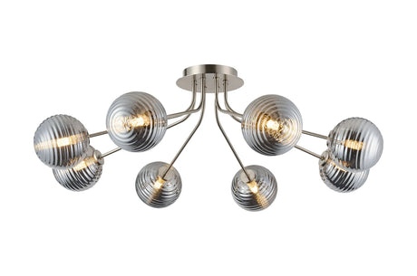 Rix Semi Flush Light, 8 Light G9, Satin Nickel/Smoke Ribbed Round Glass Shade