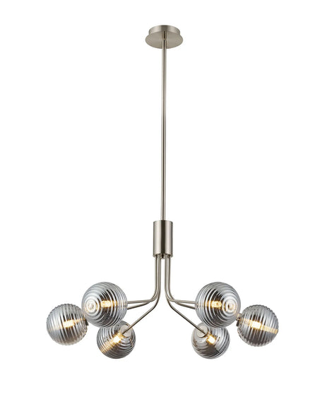 Rix Fixed Pendant, 6 Light G9, Satin Nickel/Smoke Ribbed Round Glass Shade