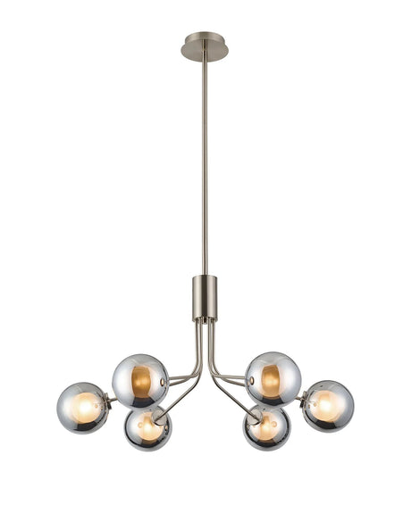 Rix Fixed Pendant, 6 Light G9, Satin Nickel/Chrome Round With Inner Glass Shade