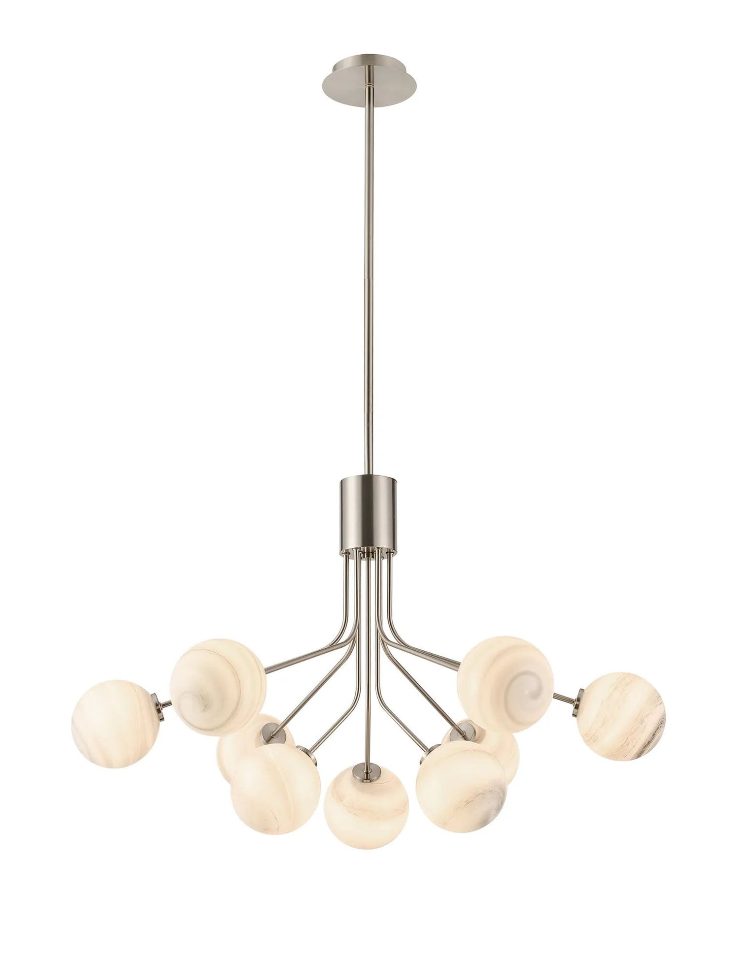 Rix Fixed Pendant, 6 + 3 Light G9, Satin Nickel/Grey Round Marble Effect Glass Shade