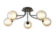 Rix Semi Flush Light, 5 Light G9, Satin Black/Cognac Round With Inner Glass Shade
