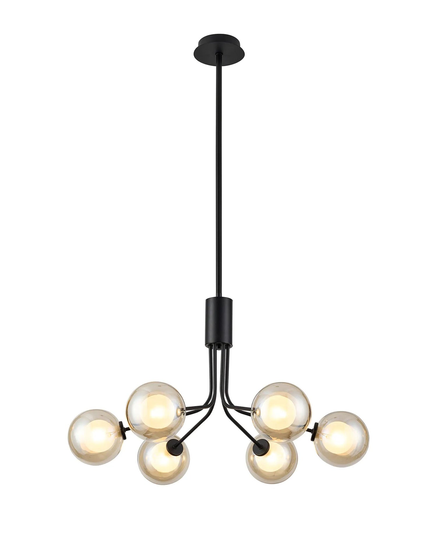 Rix Fixed Pendant, 6 Light G9, Satin Black/Cognac Round With Inner Glass Shade