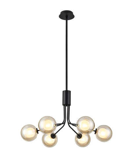 Rix Fixed Pendant, 6 Light G9, Satin Black/Cognac Round With Inner Glass Shade