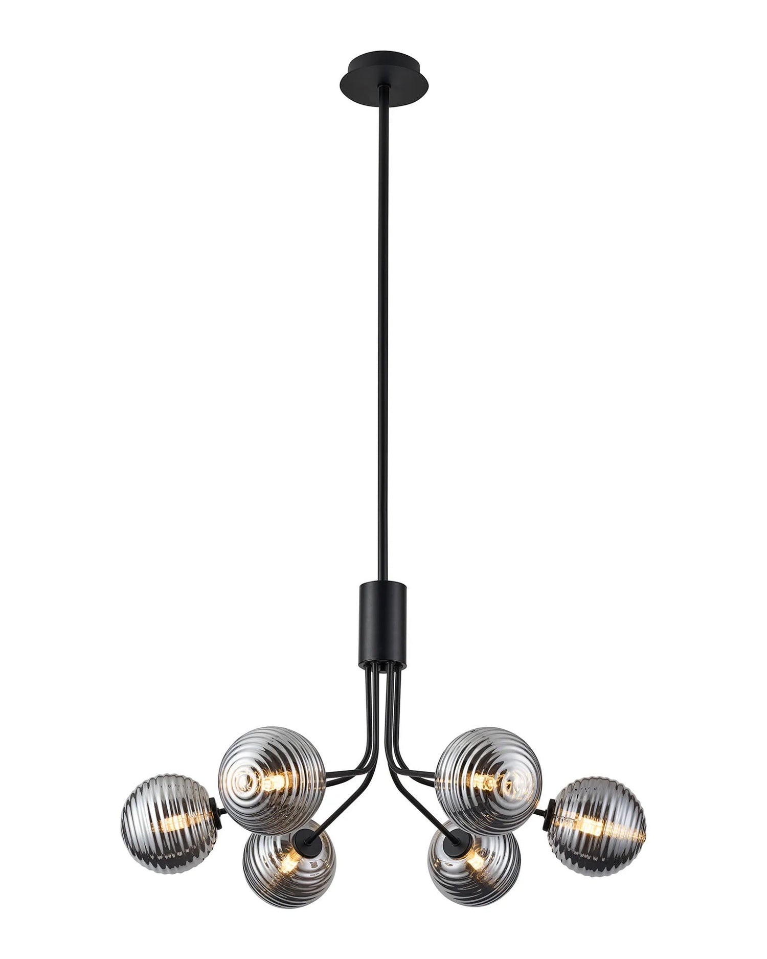 Rix Fixed Pendant, 6 Light G9, Satin Black/Smoke Ribbed Round Glass Shade