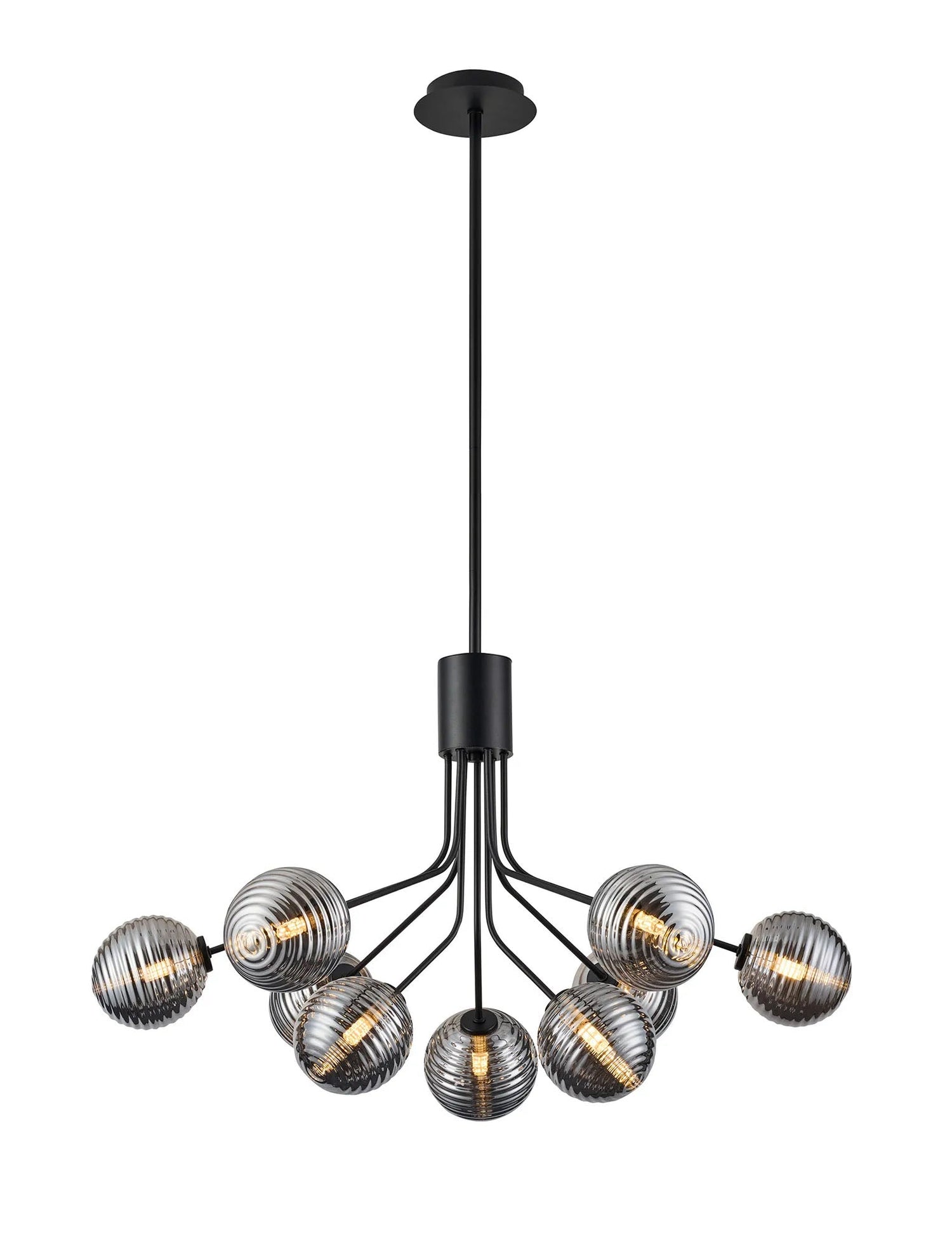 Rix Fixed Pendant, 6 + 3 Light G9, Satin Black/Smoke Ribbed Round Glass Shade
