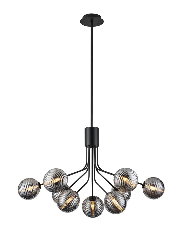 Rix Fixed Pendant, 6 + 3 Light G9, Satin Black/Smoke Ribbed Round Glass Shade
