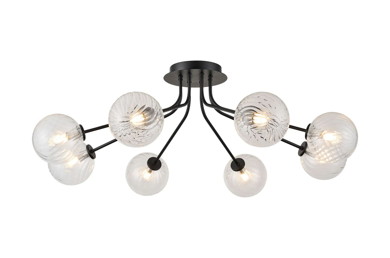 Rix Semi Flush Light, 8 Light G9, Satin Black/Clear Swirl Round Glass Shade