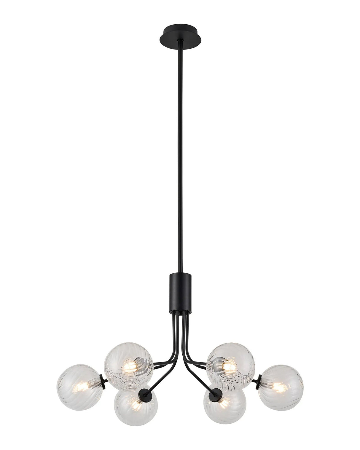 Rix Fixed Pendant, 6 Light G9, Satin Black/Clear Swirl Round Glass Shade