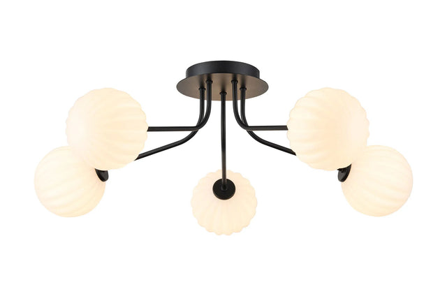 Rix Semi Flush Light, 5 Light G9, Satin Black/Opal Round Segment Glass Shade