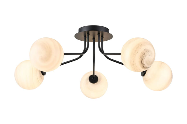 Rix Semi Flush Light, 5 Light G9, Satin Black/Grey Round Marble Effect Glass Shade