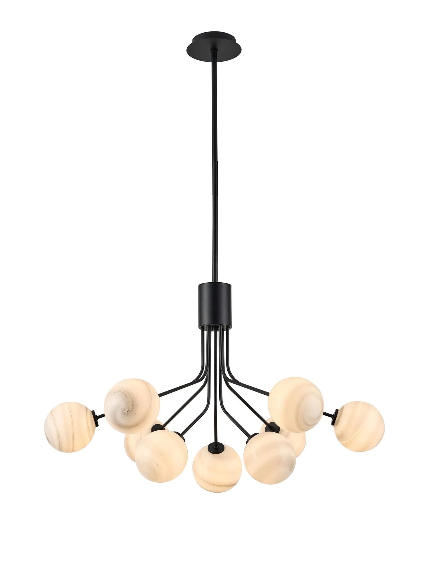 Rix Fixed Pendant, 6 + 3 Light G9, Satin Black/Grey Round Marble Effect Glass Shade