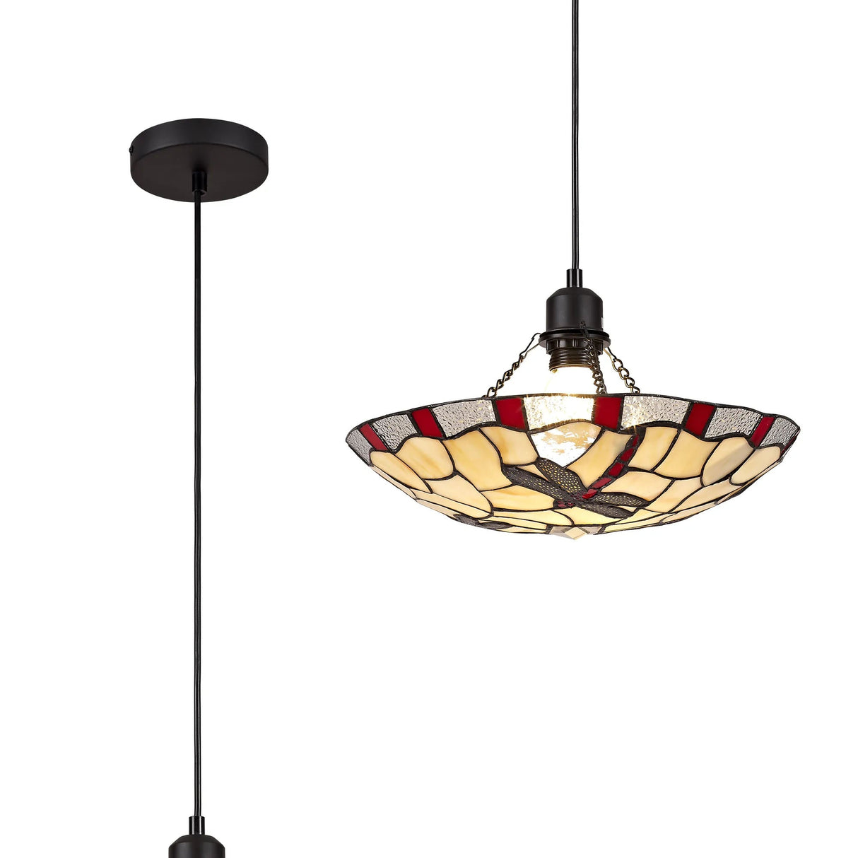 Rostron 1 Light Pendant E27 With 35cm Tiffany Shade, Red/Cream/Clear Crystal/Black