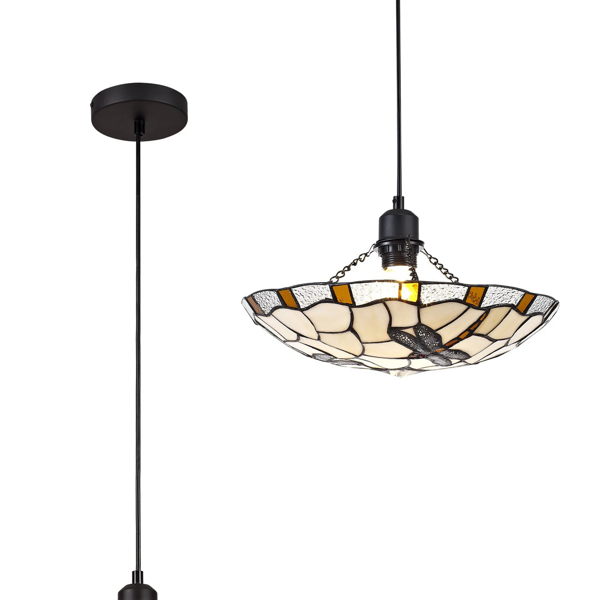 Rostron 1 Light Pendant E27 With 35cm Tiffany Shade, Amber/Cream/Clear Crystal/Black