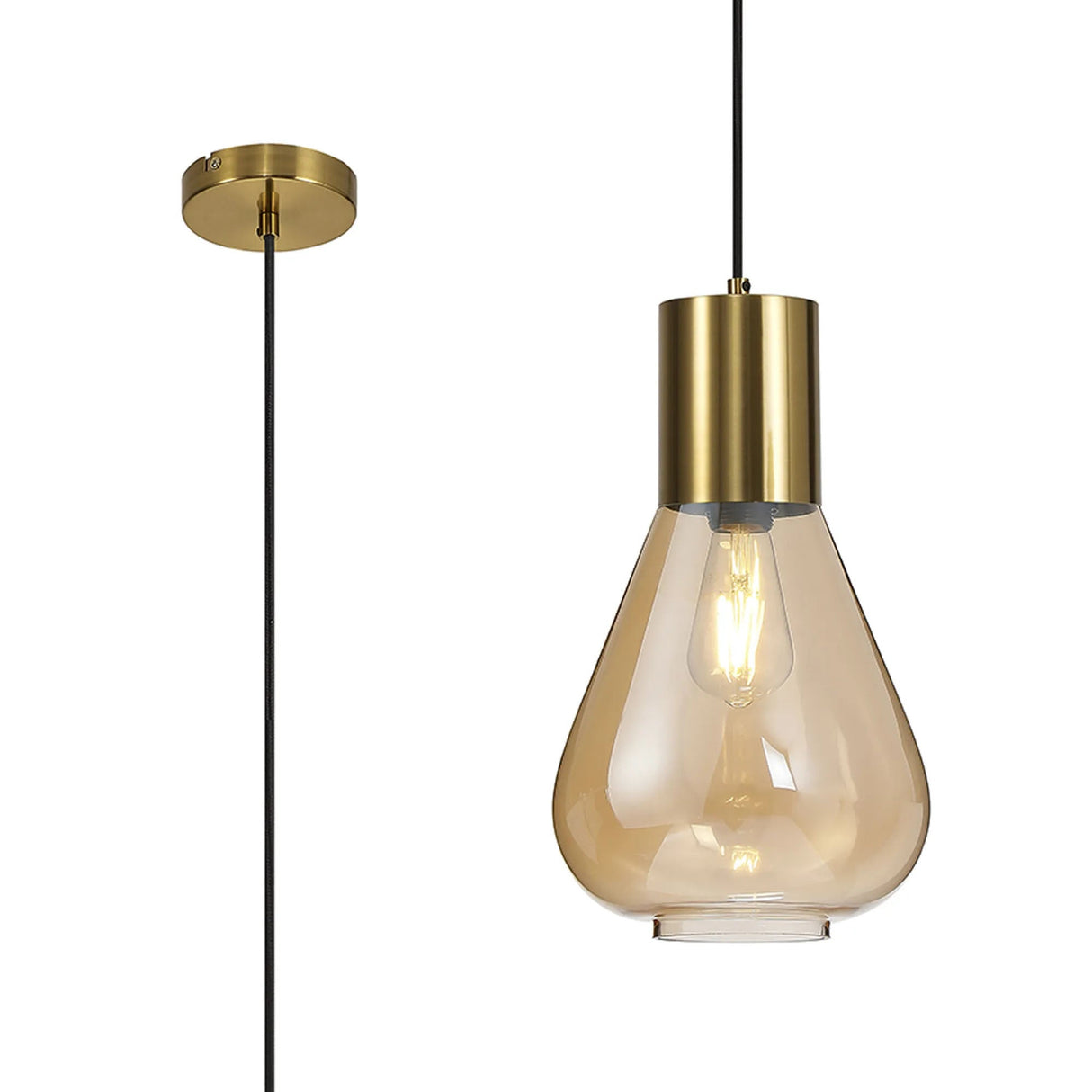 Rowell Narrow Pendant, 1 x E27, Aged Brass/Amber Glass