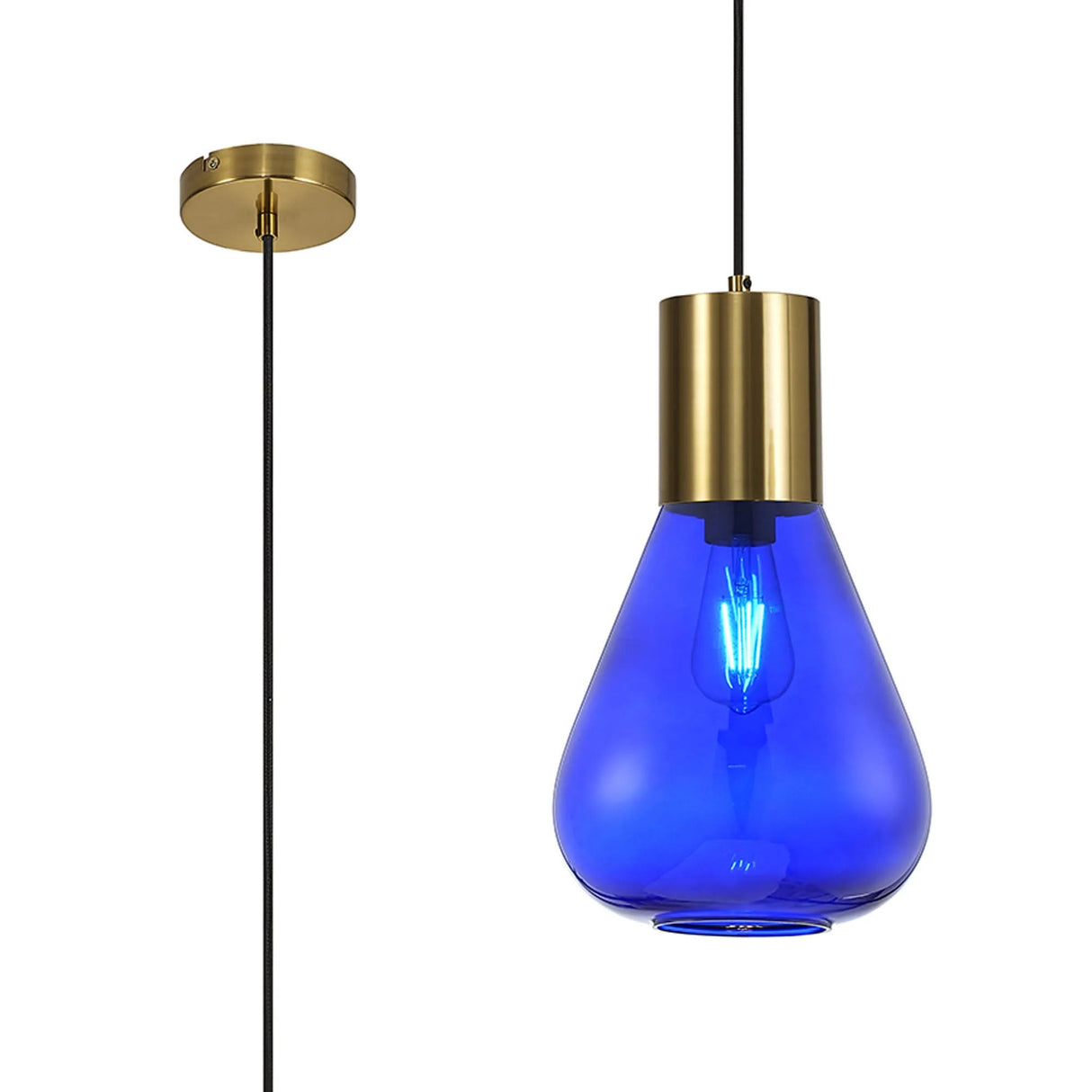 Rowell Narrow Pendant, 1 x E27, Aged Brass/Blue Ink Glass