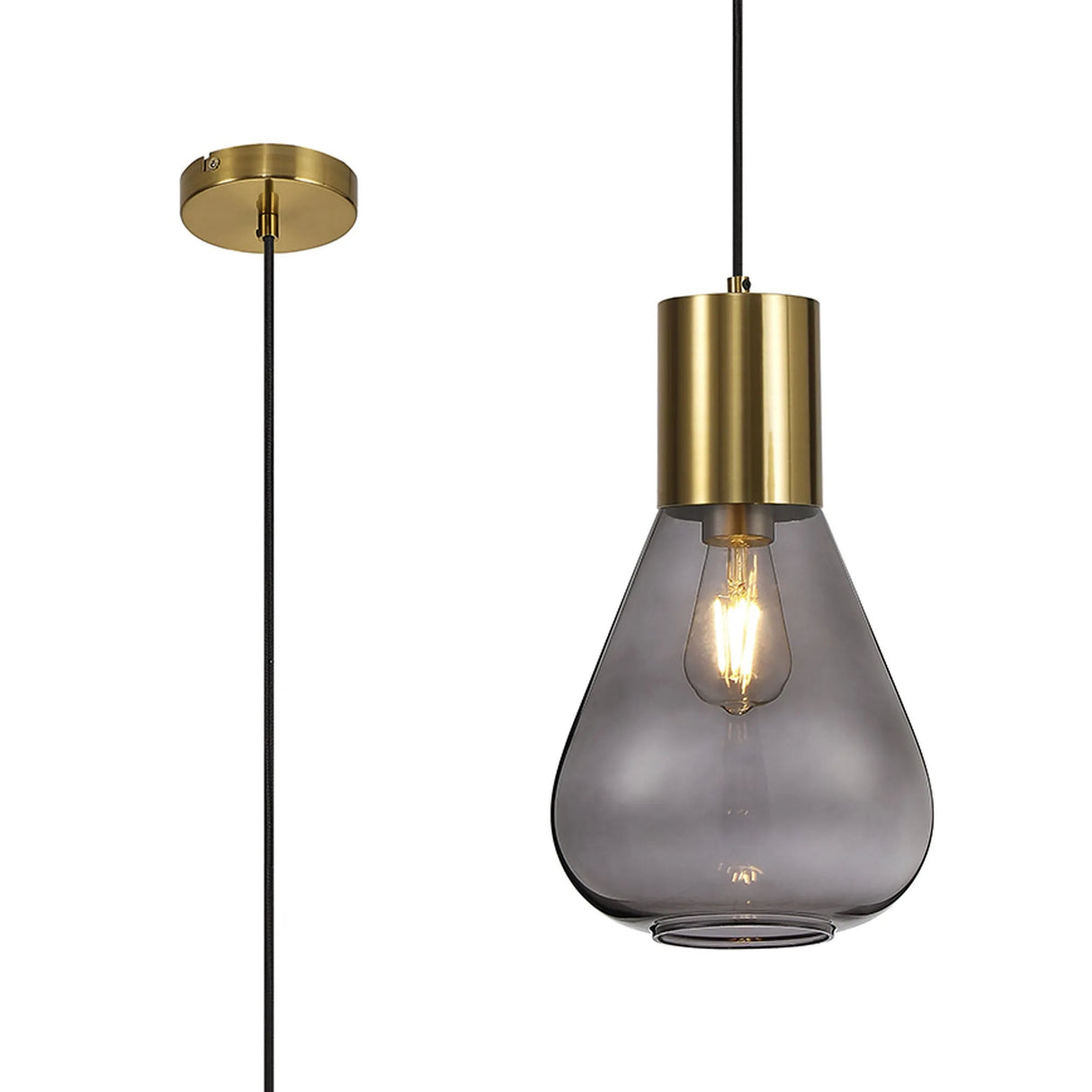 Rowell Narrow Pendant, 1 x E27, Aged Brass/Inky Black Glass