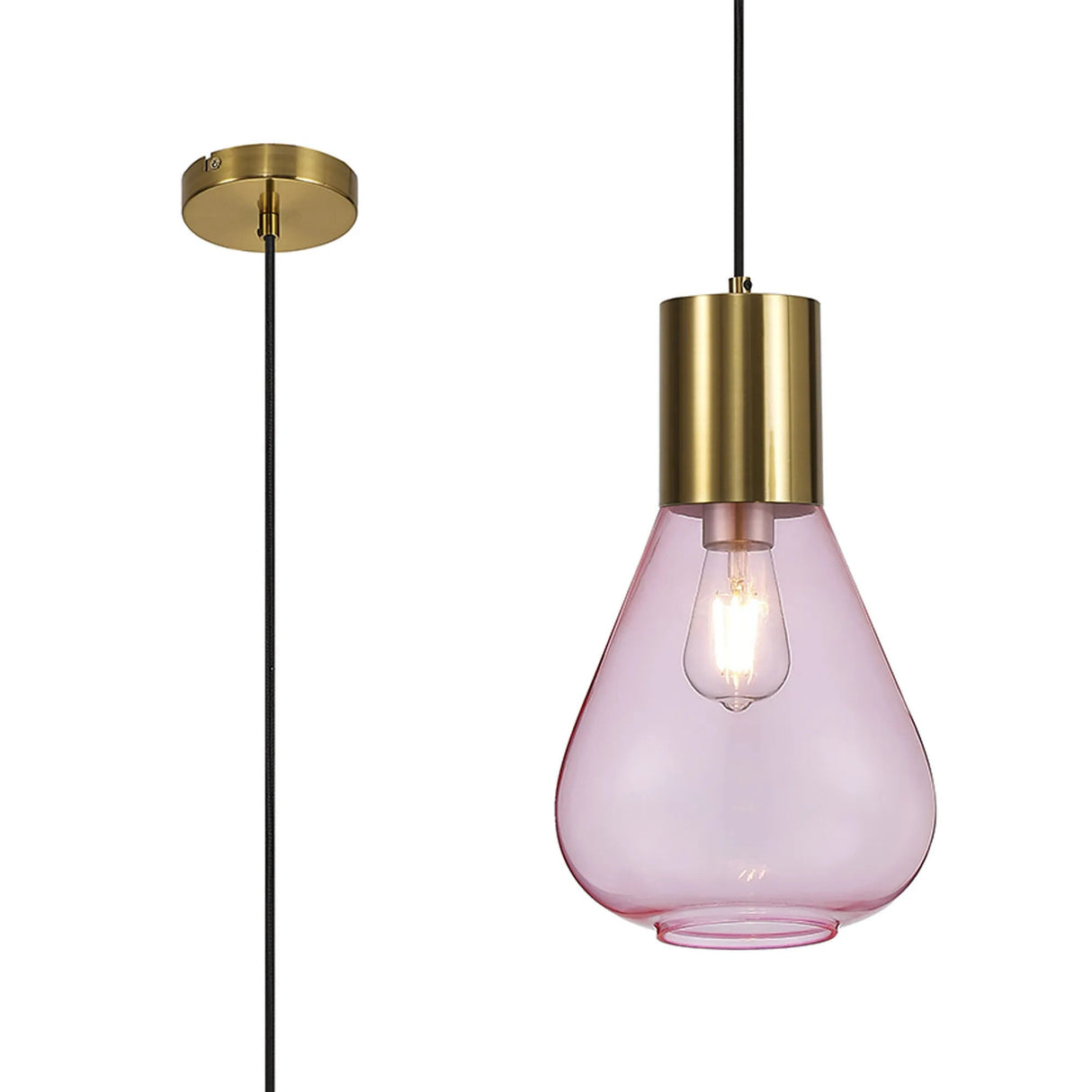 Rowell Narrow Pendant, 1 x E27, Aged Brass/Pink Glass