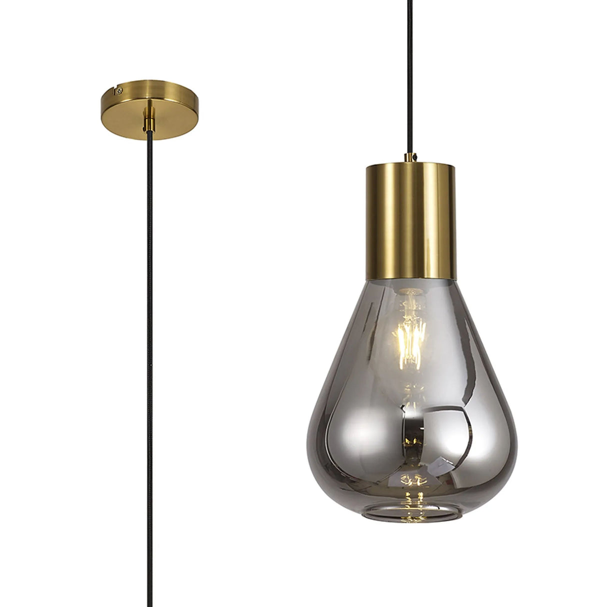 Rowell Narrow Pendant, 1 x E27, Aged Brass/Smoke Plated Glass