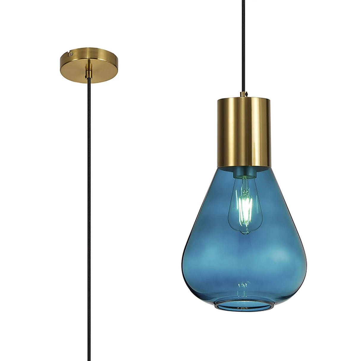 Rowell Narrow Pendant, 1 x E27, Aged Brass/Teal Blue Glass