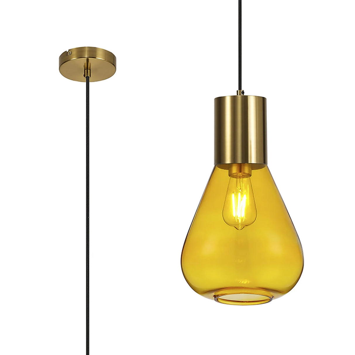 Rowell Narrow Pendant, 1 x E27, Aged Brass/Yellow Glass