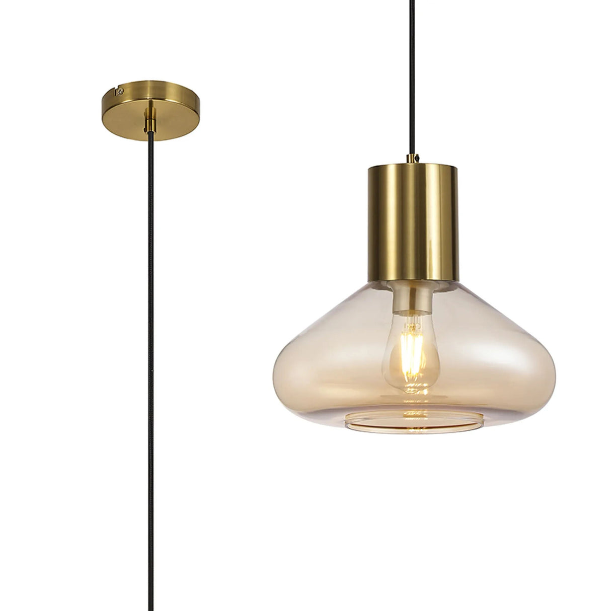 Rowell Wide Pendant, 1 x E27, Aged Brass/Amber Glass