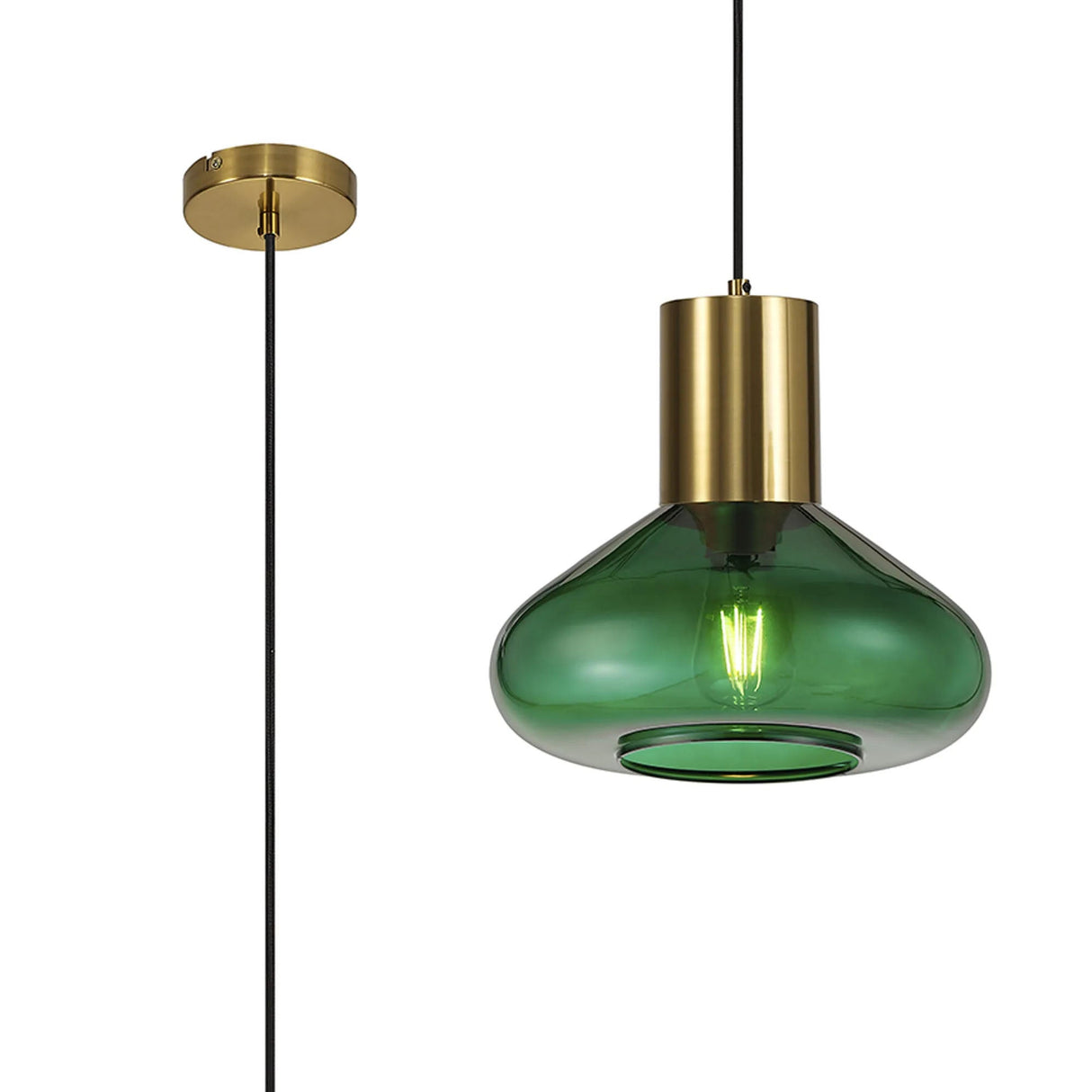 Rowell Wide Pendant, 1 x E27, Aged Brass/Bottle Green Glass