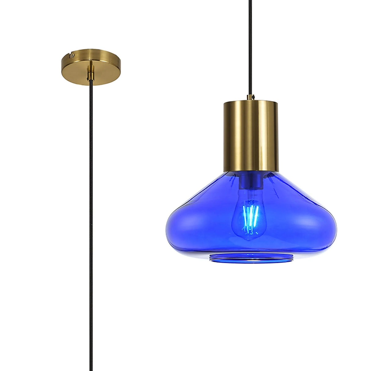 Rowell Wide Pendant, 1 x E27, Aged Brass/Blue Ink Glass