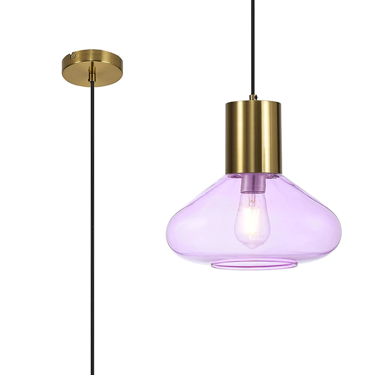 Rowell Wide Pendant, 1 x E27, Aged Brass/Lilac Glass