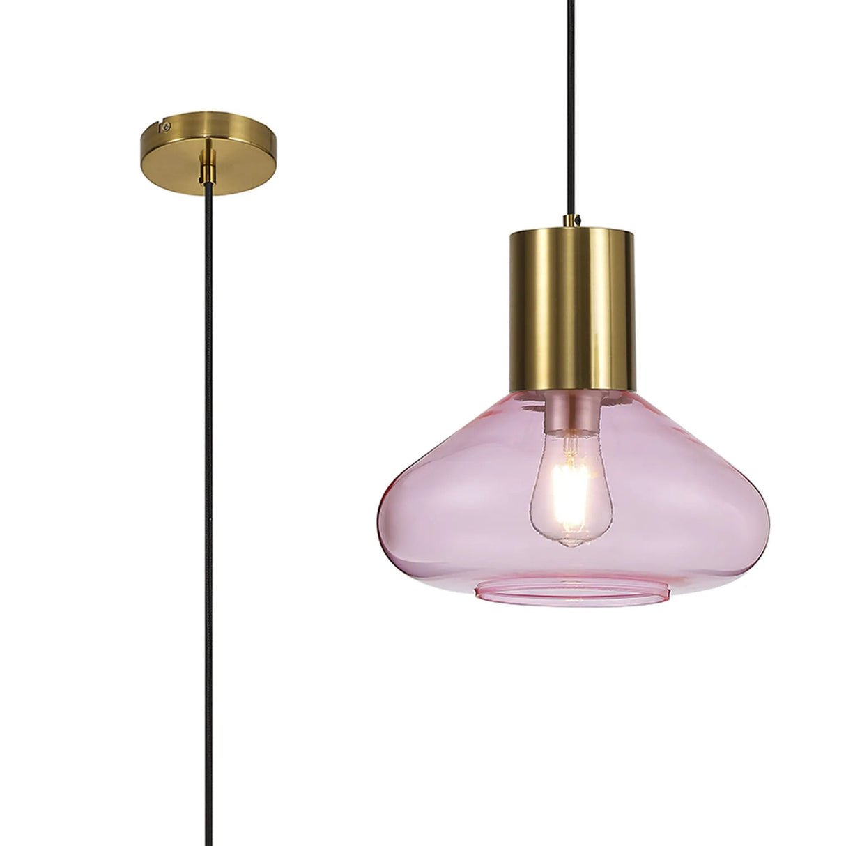 Rowell Wide Pendant, 1 x E27, Aged Brass/Pink Glass