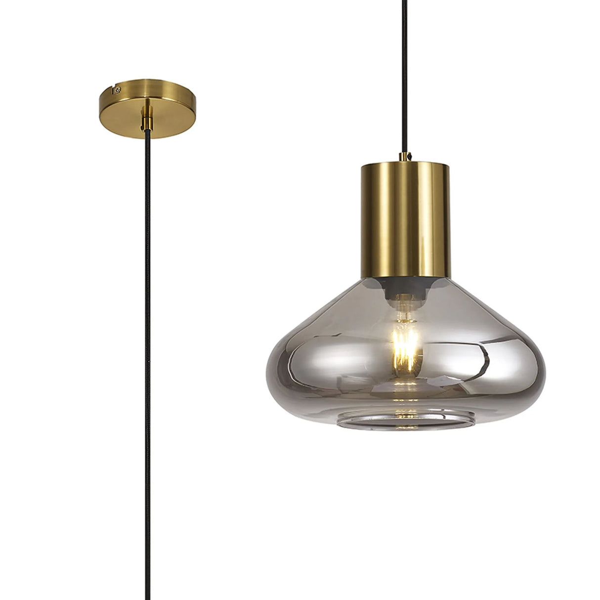 Rowell Wide Pendant, 1 x E27, Aged Brass/Smoke Plated Glass
