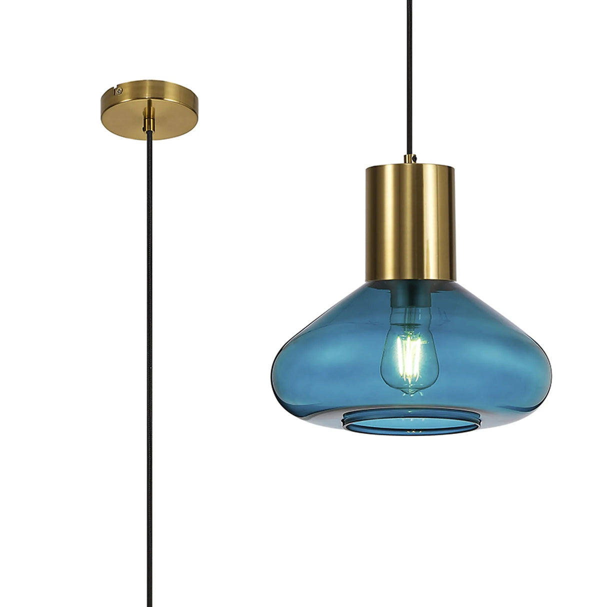 Rowell Wide Pendant, 1 x E27, Aged Brass/Teal Blue Glass