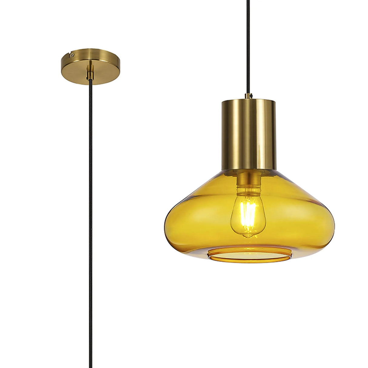 Rowell Wide Pendant, 1 x E27, Aged Brass/Yellow Glass