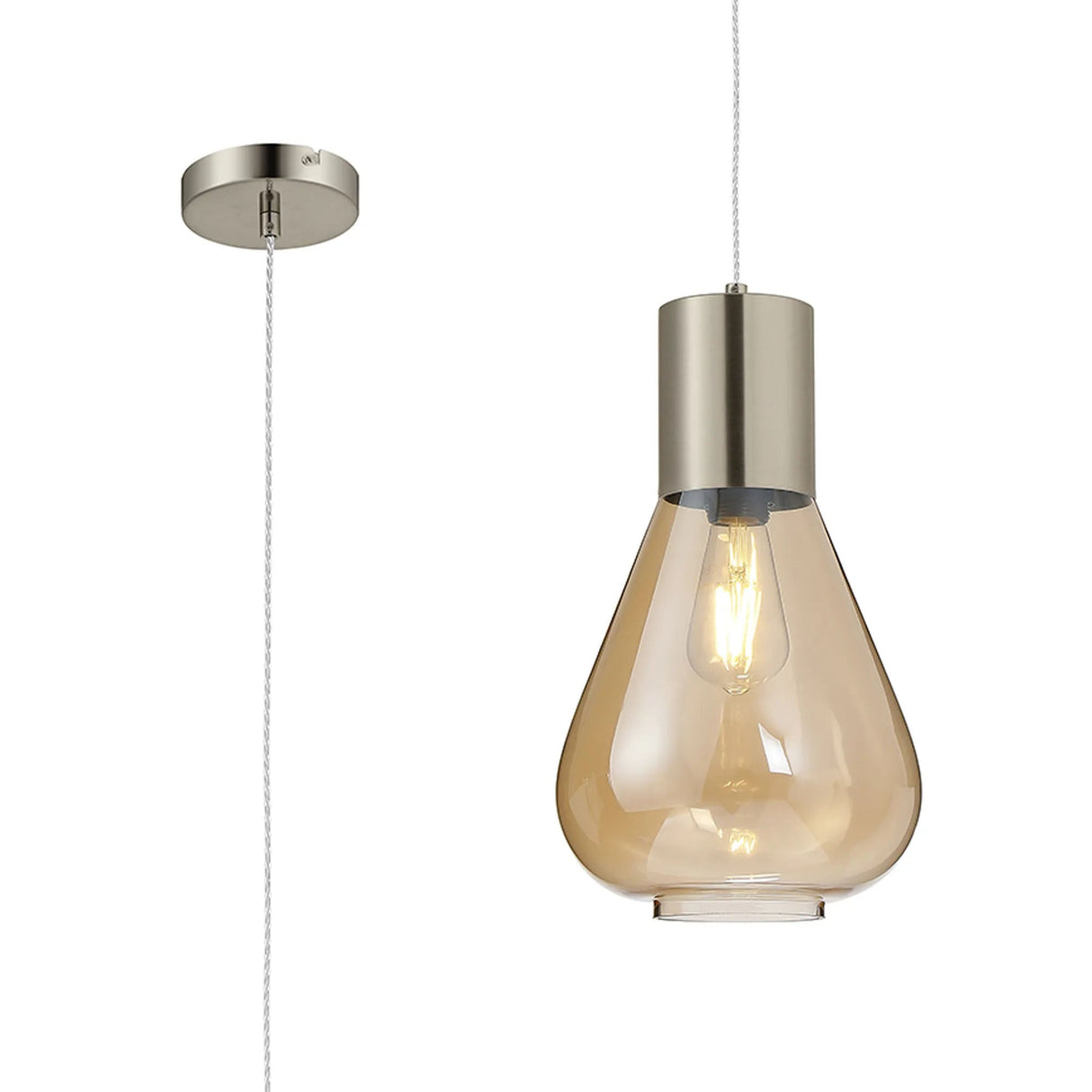 Rowell Narrow Pendant, 1 x E27, Satin Nickel/Amber Glass