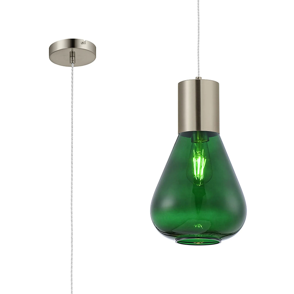 Rowell Narrow Pendant, 1 x E27, Satin Nickel/Bottle Green Glass