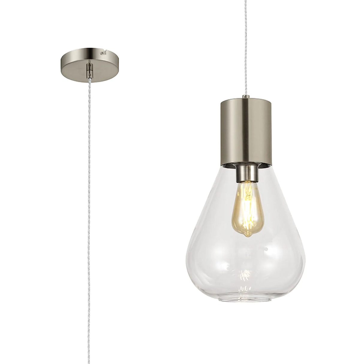 Rowell Narrow Pendant, 1 x E27, Satin Nickel/Clear Glass