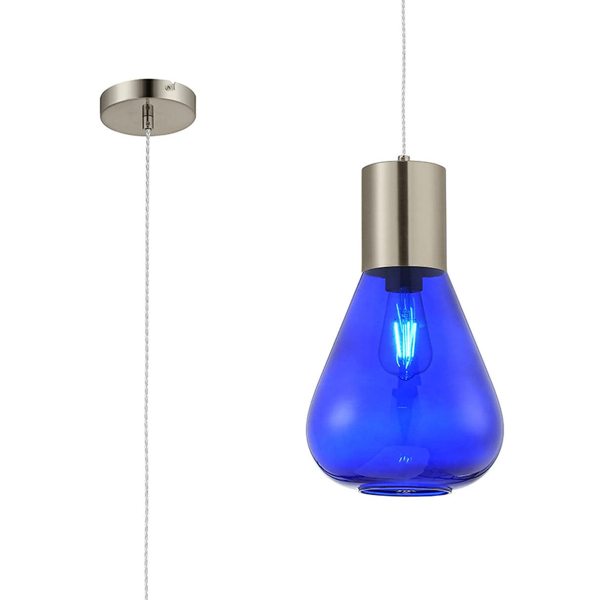 Rowell Narrow Pendant, 1 x E27, Satin Nickel/Blue Ink Glass
