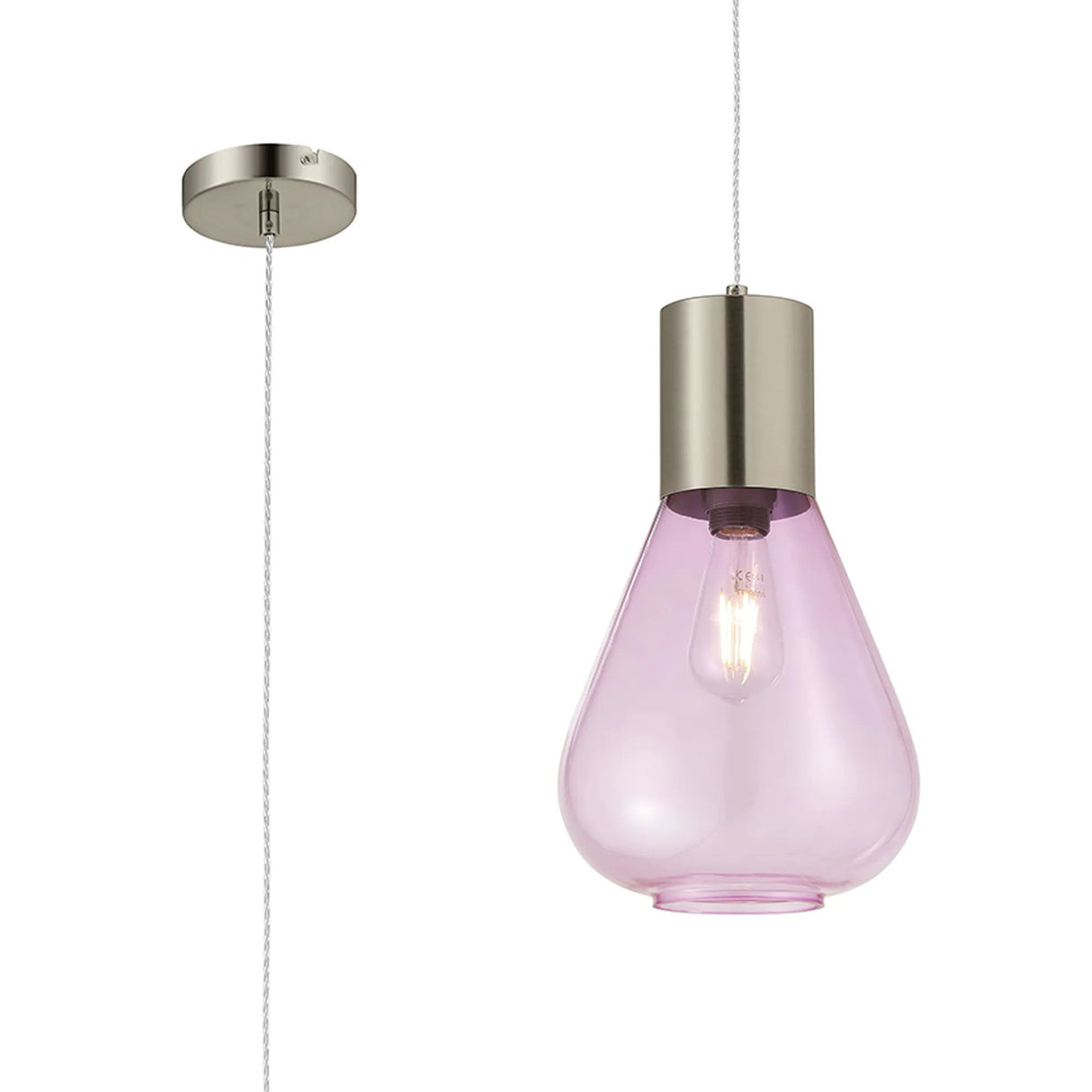 Rowell Narrow Pendant, 1 x E27, Satin Nickel/Lilac Glass
