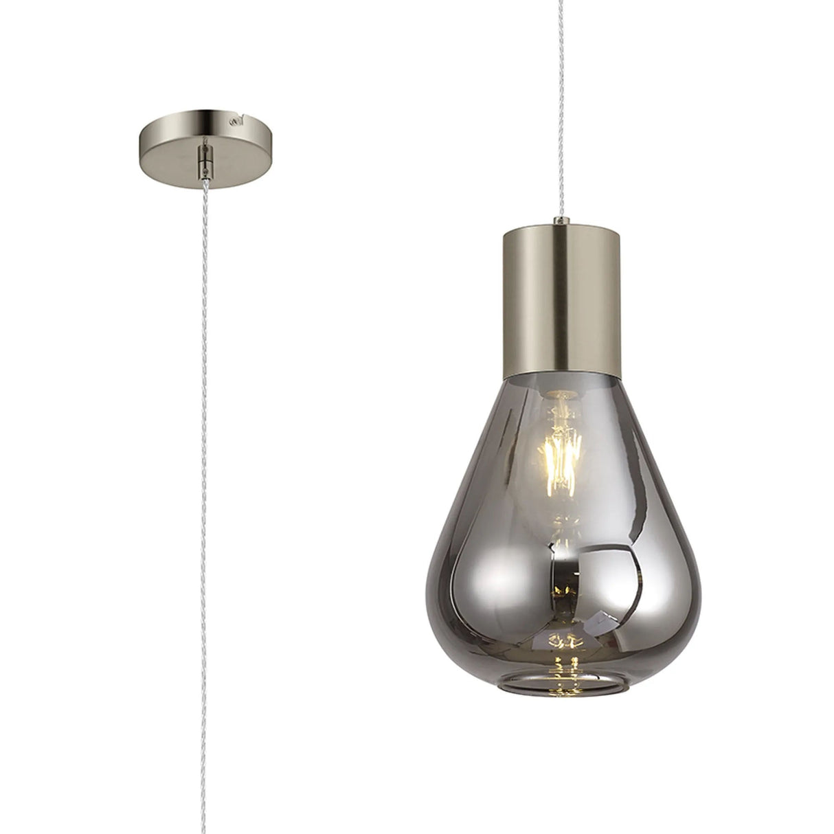 Rowell Narrow Pendant, 1 x E27, Satin Nickel/Smoke Plated Glass